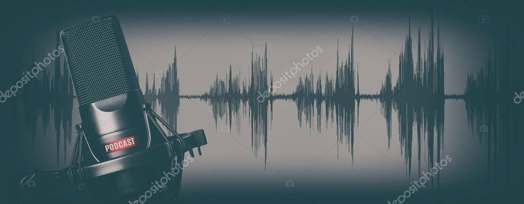 Retro style records podcasts concept. Professional condenser audio microphone