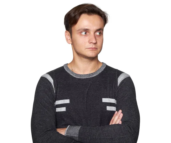 Casual Young Handsome Man Looking Side Suspiciously Isolated White Background — Stock Photo, Image