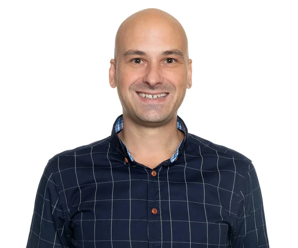 Alegre 40 anos careca homem sorrindo isolado — Fotografia de Stock