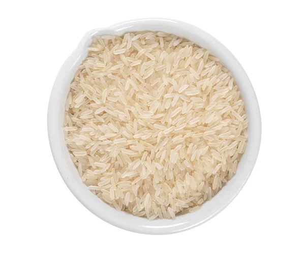 Arroz blanco en cuenco de cerámica blanca aislado sobre fondo blanco — Foto de Stock