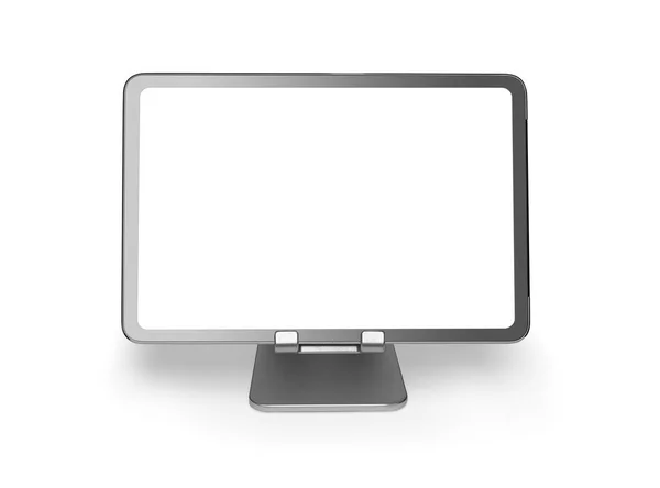 Tablet υπολογιστή με κενή οθόνη σε μια βάση αλουμινίου — Φωτογραφία Αρχείου