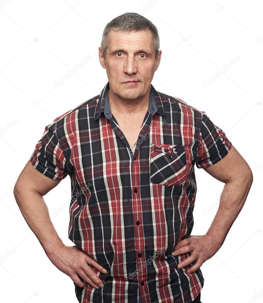 middle aged man standing on white background 