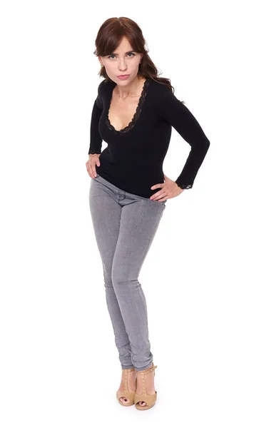 Full length portrait of a brunette woman is posing, isolated — Stock Photo, Image