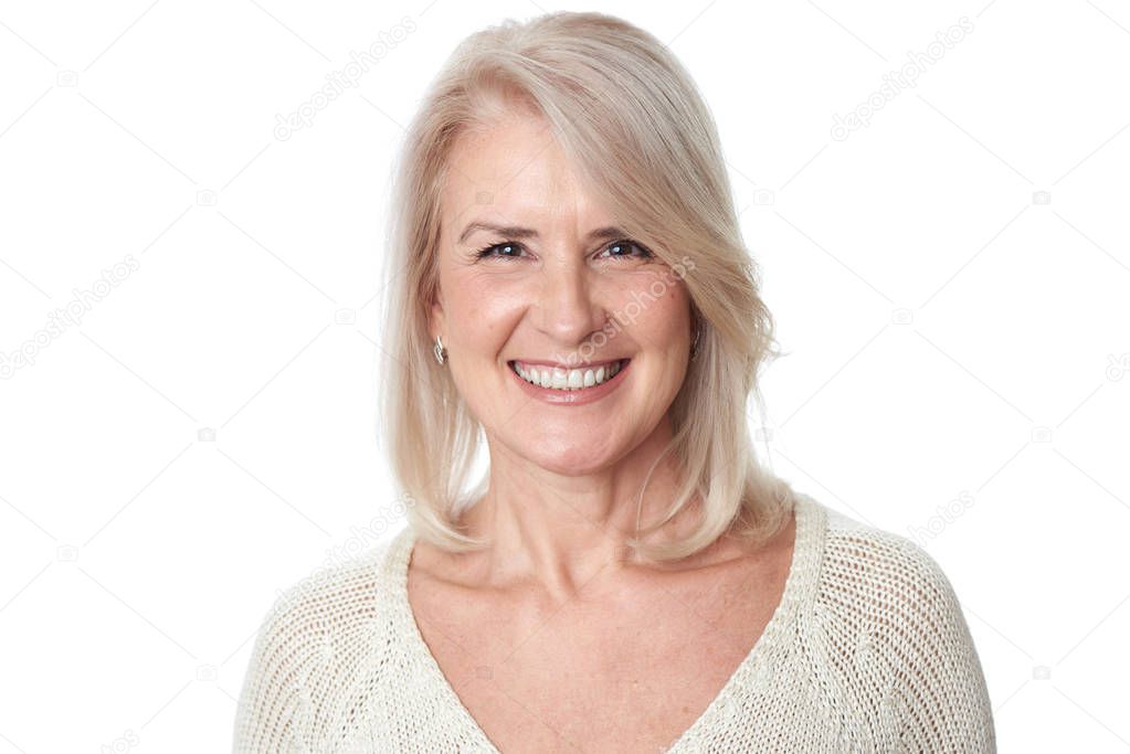 Senior blonde woman  portrait isolated on white background