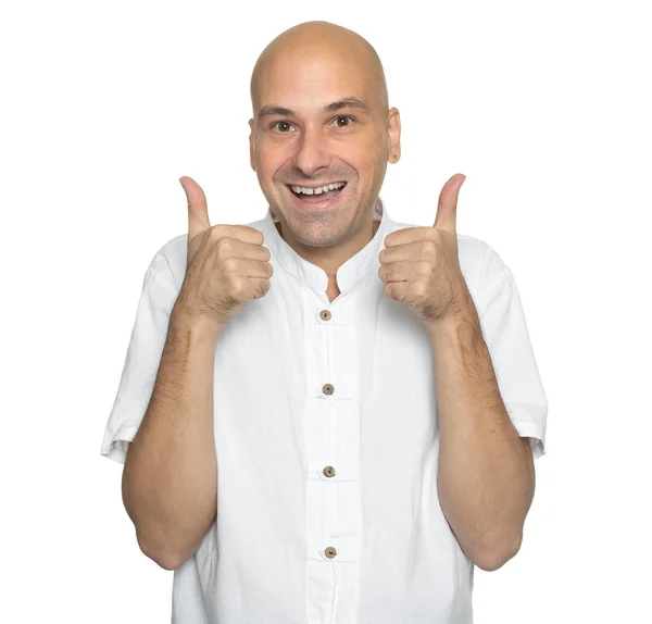 Happy Bald Man Showing Thumbs Isolated White — Stock Photo, Image