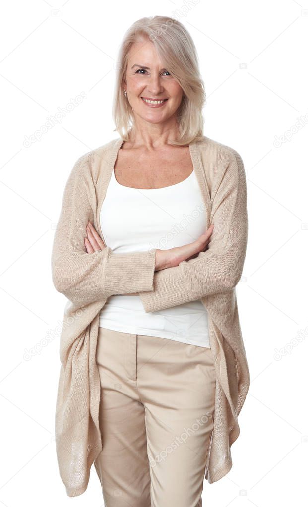 Friendly smiling middle-aged woman isolated on white