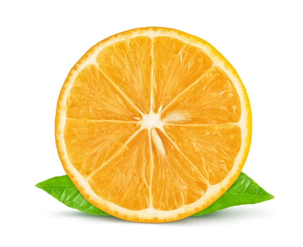 Meyer Zitrone Querschnitt Und Zwei Blätter Isoliert Auf Weißem Hintergrund — Stockfoto