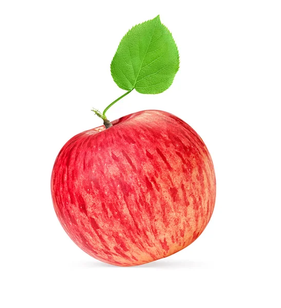 クリッピングパスを持つ白い背景に隔離された緑の葉を持つ1つの赤いリンゴ — ストック写真