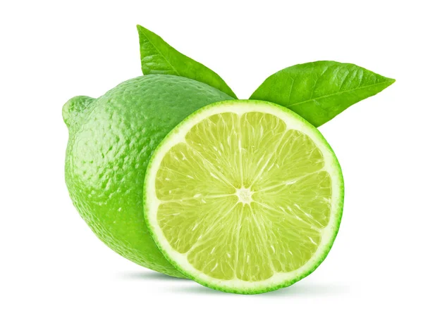 Whole Slice Lime Fruit Green Leaves Isolated White Background Clipping — Stock Photo, Image