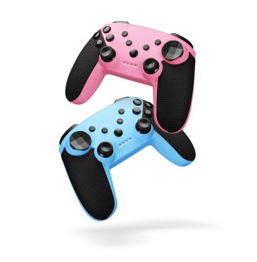 İki modern joystick. Video oyunu denetleyicileri beyaz arkaplanda izole edildi.