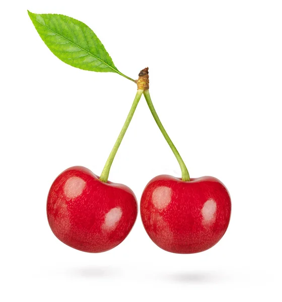 Dos Cerezas Con Hoja Aislada Sobre Fondo Blanco Ruta Recorte —  Fotos de Stock