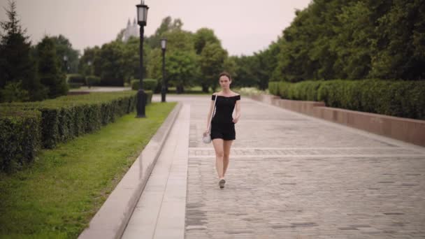 Güzel Şık Genç Bir Kadın Şehir Parkında Yürüyor Çekici Bir — Stok video
