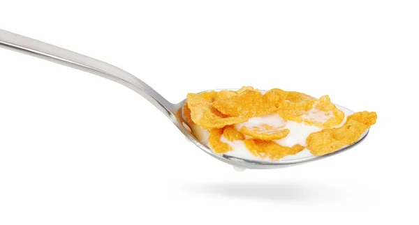 Cornflakes Spoon Corn Flakes Milk Isolated White Background Clipping Path — Stock Photo, Image