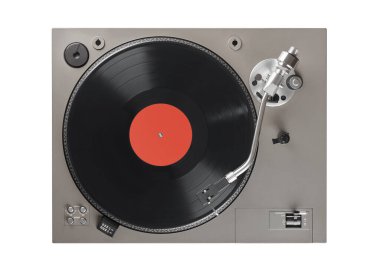 Ip vinil plak üst görünümü olan eski bir pikap. Kesme yolu.