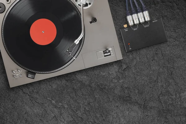 Vintage Turntable Vinyl Record Concrete Background Top View — Stock Photo, Image