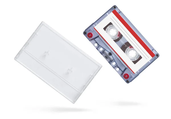 Vieille Cassette Audio Compacte Avec Boîte Isolée Sur Fond Blanc — Photo