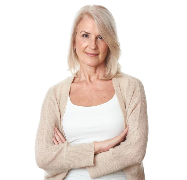 Retrato Hermosa Mujer Madura Pie Sobre Fondo Blanco —  Fotos de Stock