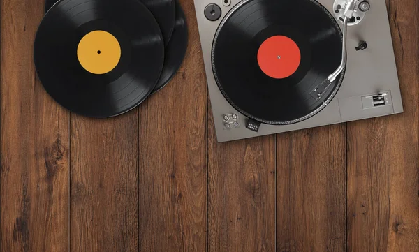 Viejo Tocadiscos Vintage Con Discos Vinilo Una Mesa Madera Vista — Foto de Stock