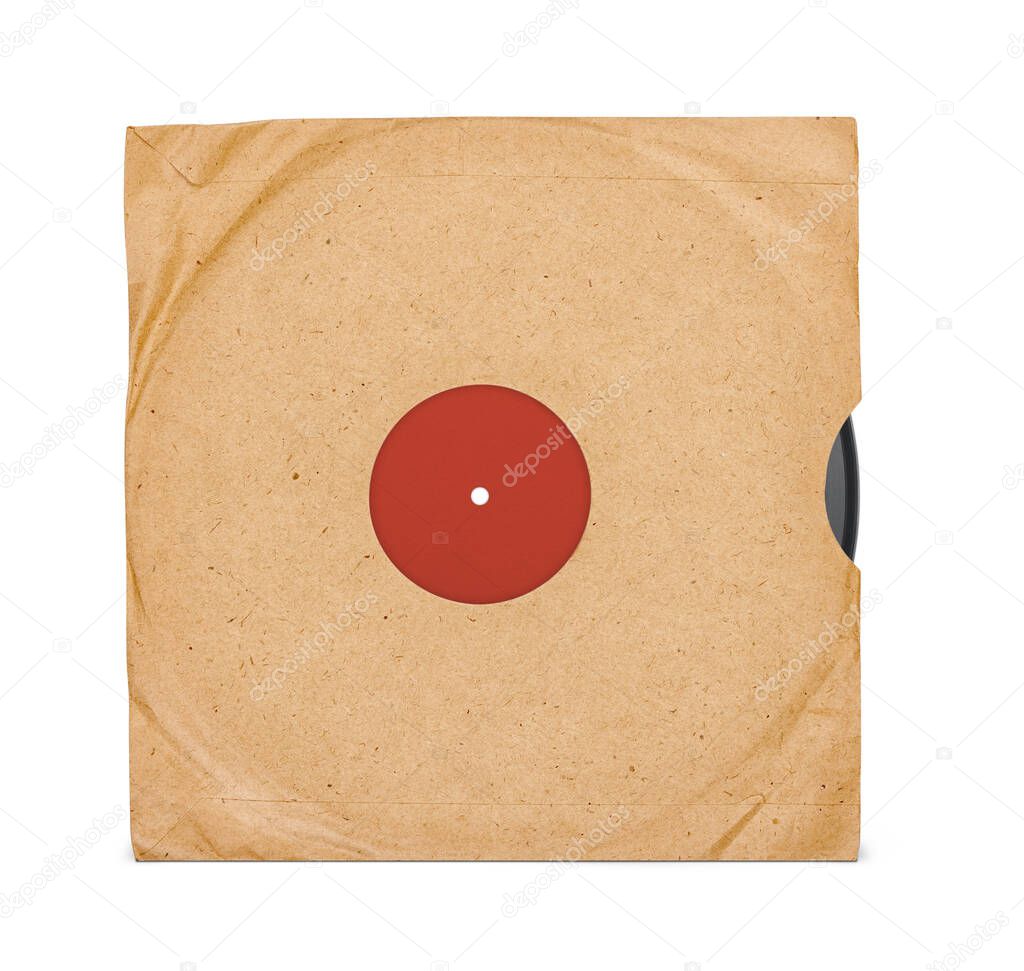 Old vinyl record and cover mockup front view isolated on white with clipping path. Retro design.
