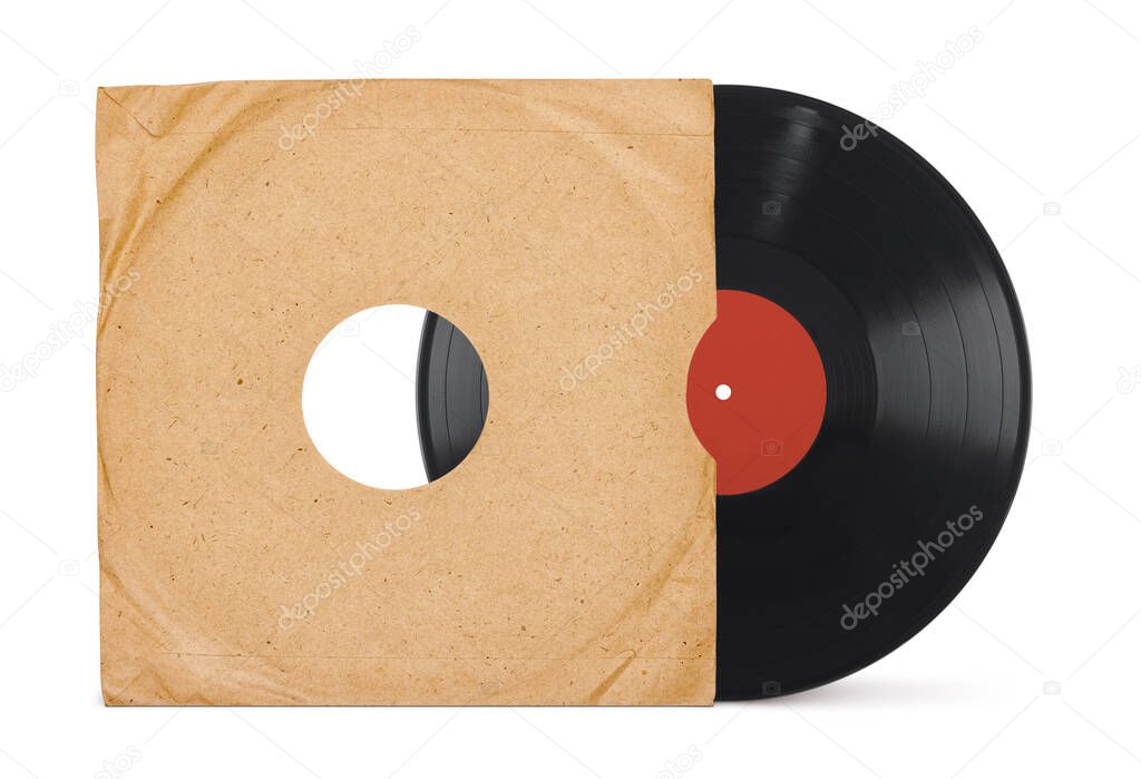 Old vinyl record and cover mockup front view isolated on white with clipping path. Retro design.