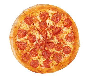 Taze İtalyan klasik pepperonili pizza beyaz arka planda izole edilmiş ve kırpma yolu var. Üst görünüm