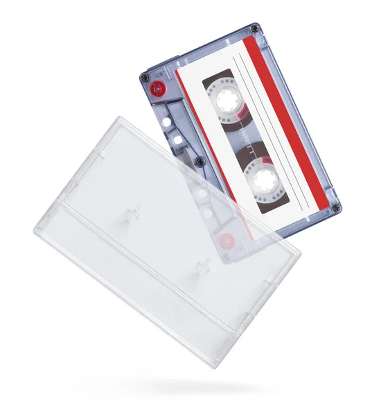 Vieille Cassette Audio Compacte Avec Boîte Isolée Sur Fond Blanc — Photo