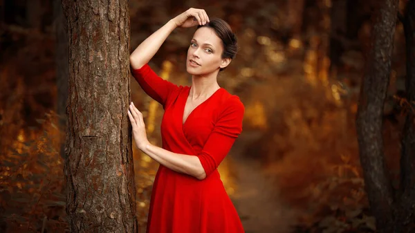 Hübsche Junge Frau Trägt Ein Rotes Kleid Herbstlichen Wald Außenporträt — Stockfoto