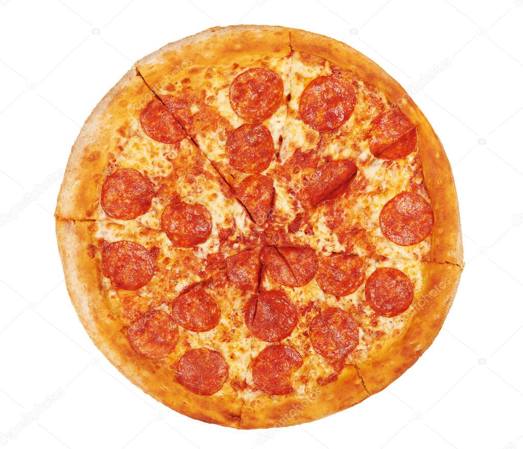 fresh italian classic pepperoni pizza isolated on white background with clipping path. Top view