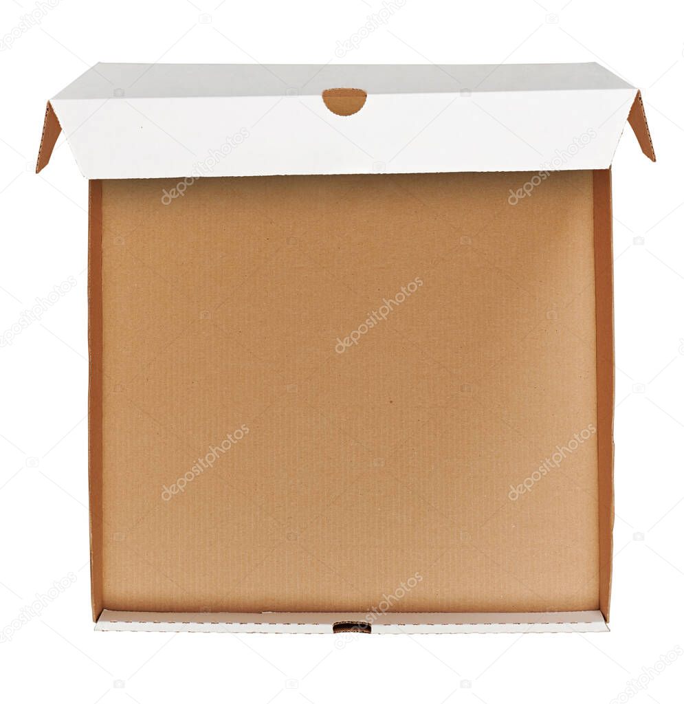 Empty opened pizza cardboard box top view isolated on white backgriound with clipping path. Design for mock up