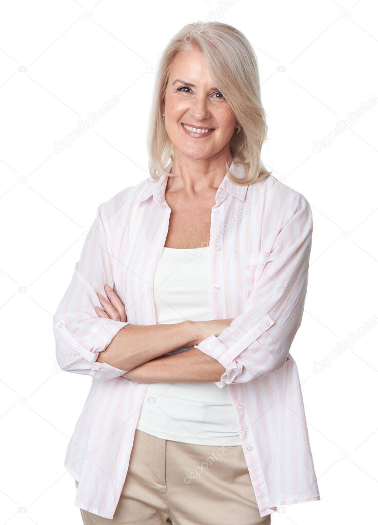 Portrait of a senior woman is smiling. Cheerful old lady isolated on white background