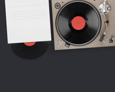 Vinil plaklı vinil turntable. Üst görünüm.