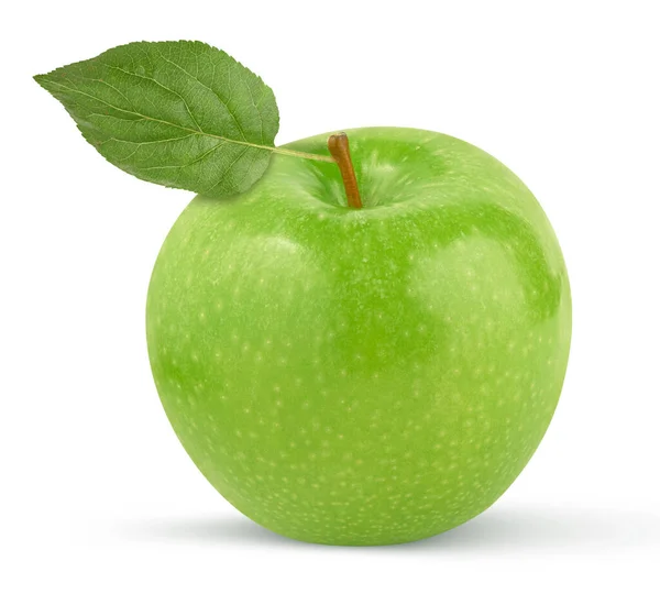 Grönt Äpple Med Blad Isolerad Vit Bakgrund Med Klippbana — Stockfoto