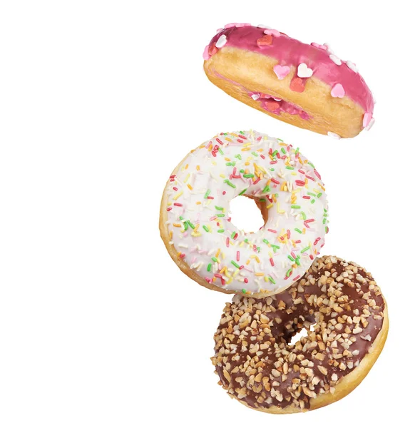 Dulces Rosquillas Varios Donuts Decorados Movimiento Cayendo Aislados Sobre Fondo — Foto de Stock
