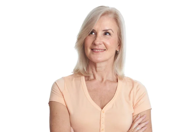 Mulher Loira Anos Está Sorrindo Feliz Aposentado Senhora Isolado Branco — Fotografia de Stock