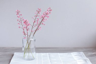 Pembe çiçekler ışık gri arka plan üzerinde bir cam kavanoza. Anneler günü. Bahar arka plan.