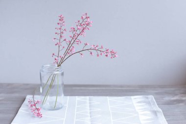 Pembe çiçekler ışık gri arka plan üzerinde bir cam kavanoza. Anneler günü. Bahar arka plan.