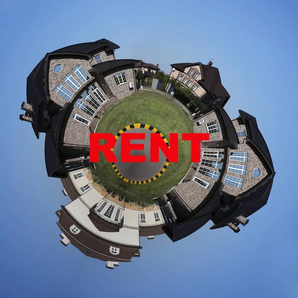 Маленькая Планета Новых Домов Словом Rent Панорама 360 Градусов — стоковое фото