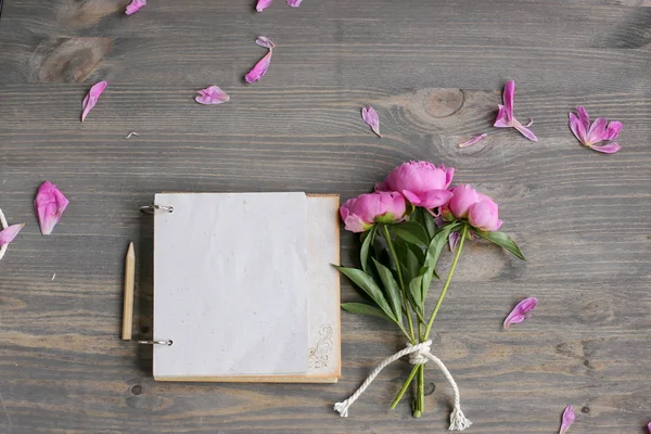 Vintage Background Hand Made Pink Peony Old Scissors Ribbons Notebook — Stock Photo, Image