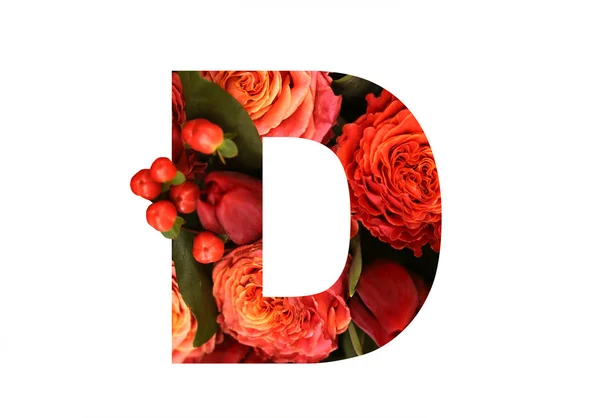 Floral γραμματοσειρά γράμμα D από ένα πραγματικό κόκκινο-πορτοκαλί τριαντάφυλλα για φωτεινό des — Φωτογραφία Αρχείου