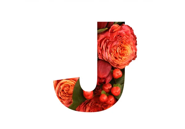 Gerçek kırmızı-turuncu gül parlak des için gelen çiçek yazı tipi harf J — Stok fotoğraf