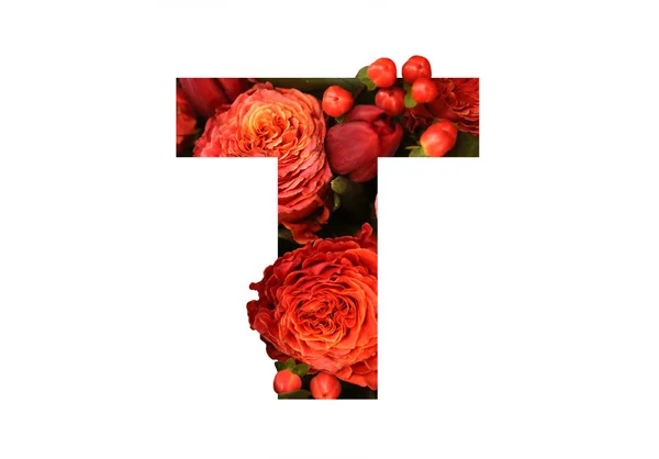 Blommig teckensnitt bokstaven T från en riktig röd-orange rosor för ljusa des — Stockfoto