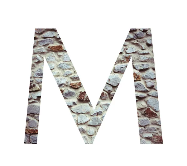 Каменная буква шрифта M изолирована на белом фоне. Буквы и s — стоковое фото