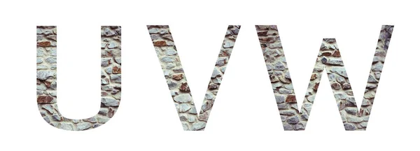 Stone letra fonte UVW isolado em fundo branco. Cartas e — Fotografia de Stock