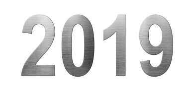 Metal Font 2019 yıl beyaz arka planda izole. Sayılar ve s