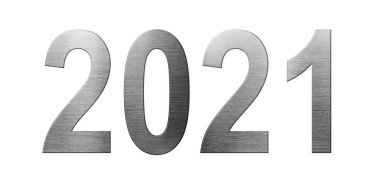 Metal Font 2021 yıl beyaz arka planda izole. Sayılar ve s