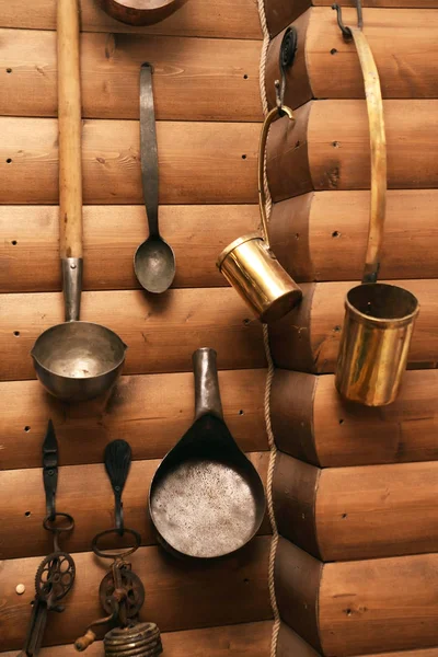 Set Old Farm Utensil Hanging Wooden Wall — Stock Photo, Image