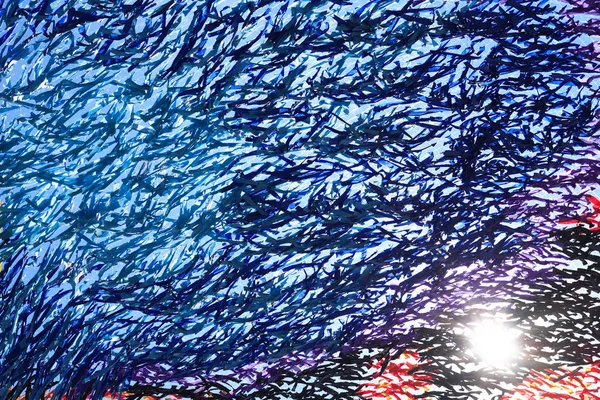 Абстрактный Красочный Фон Множества Разнообразных Тканей Фоне Голубого Неба — стоковое фото