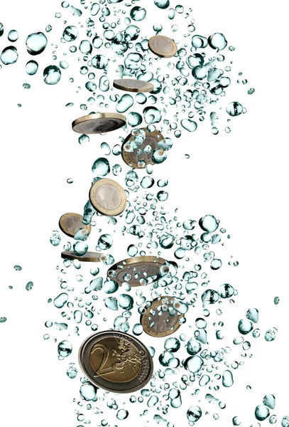 Conceito Lavagem Dinheiro Moedas Euro Caindo Entre Gotas Água Sobre — Fotografia de Stock