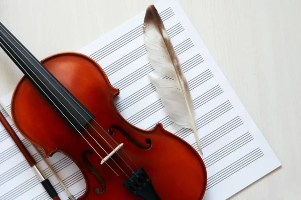 开着的空白音乐书上的小提琴和羽毛不错 — 图库照片