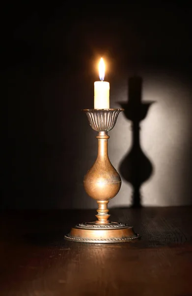 Elegant Brass Candlestick Lighting Candle Dark Background — Stock Photo, Image
